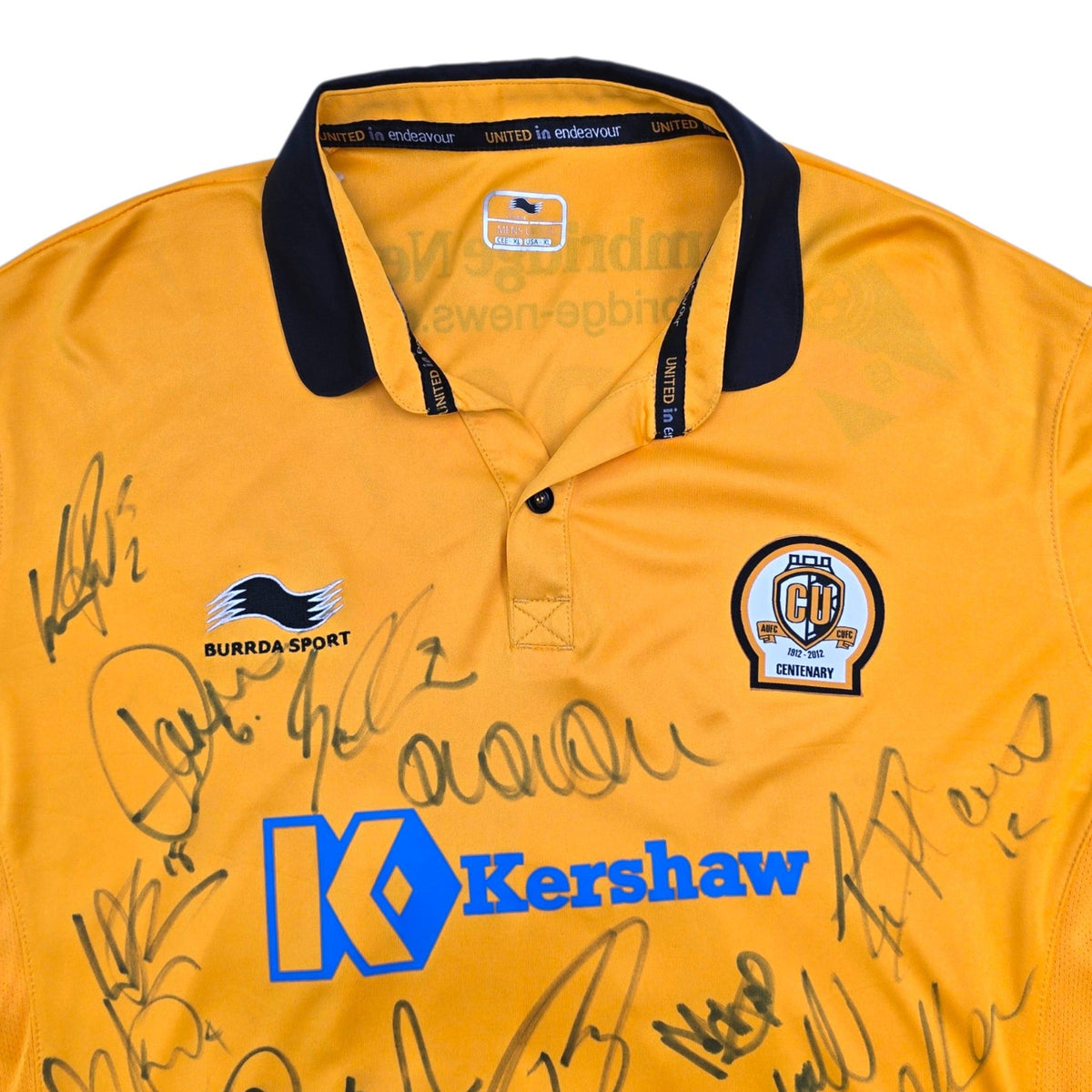 2012/13 Cambridge United Home Football Shirt (XL) Burrda Sport #25 Hudson (Matchworn) Squad Signed - Football Finery - FF307799