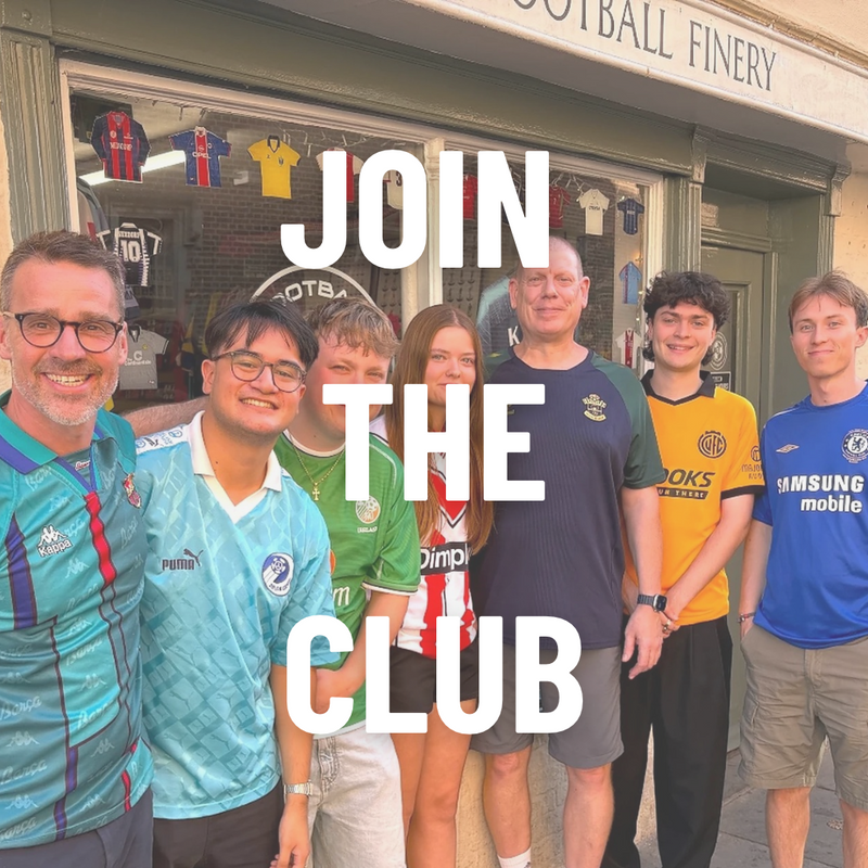 A group of seven young men wearing various football jerseys stand in front of a shop window with the text 'JOIN THE CLUB' overlaid in large white letters. Visible brands on the jerseys include Puma, Adidas, Nike, and Samsung.