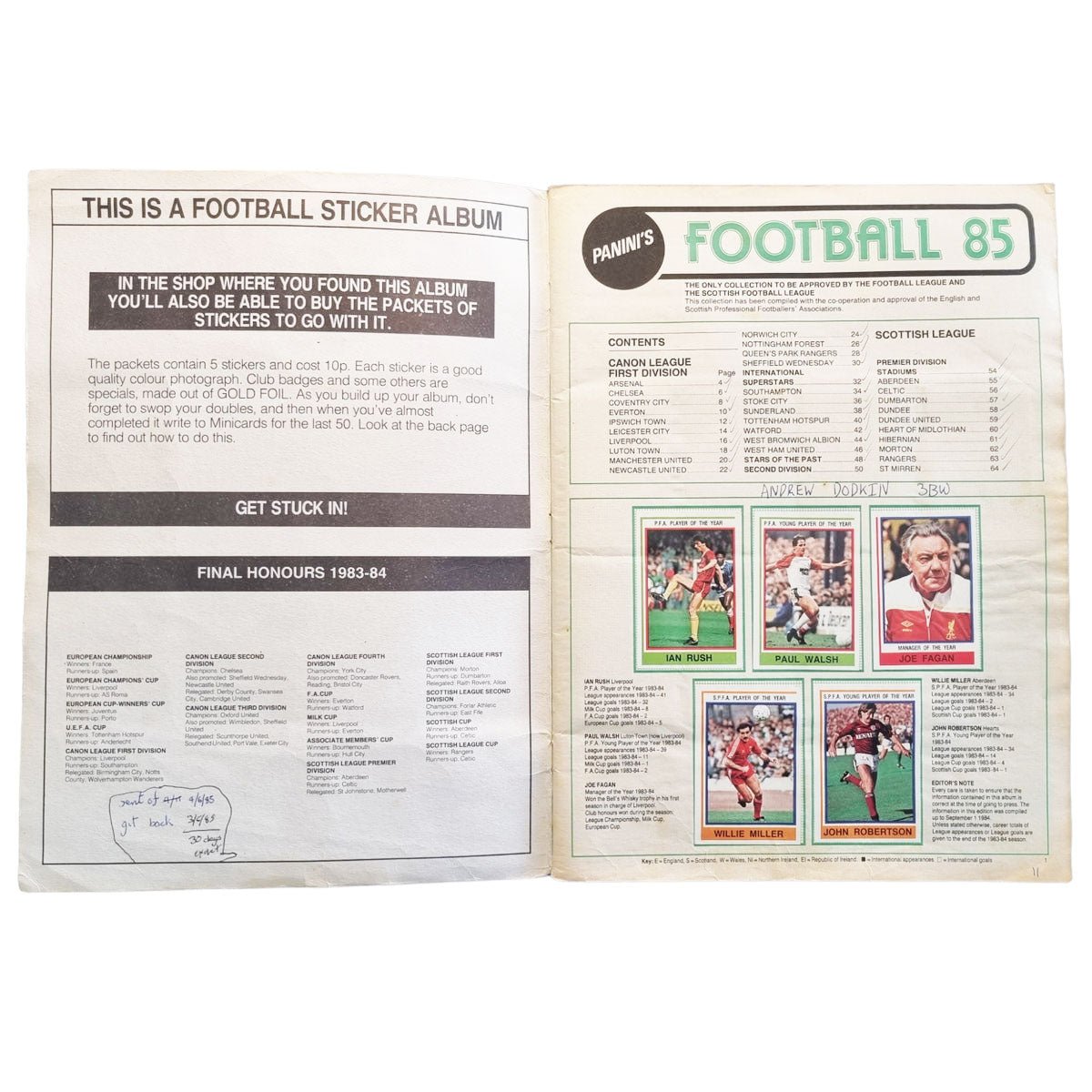 Panini 1985 Sticker Album English 1st Division & SPL (Complete) - Football Finery - FF202964